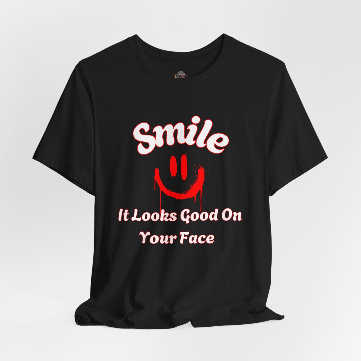 Smile It Looks Good On Your Face Tee — Retro Red Drip Smiley Graphic T‑Shirt