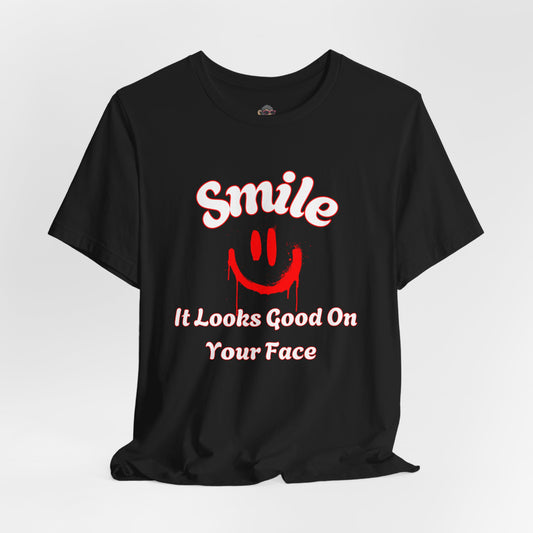 Smile It Looks Good On Your Face Tee — Retro Red Drip Smiley Graphic T‑Shirt
